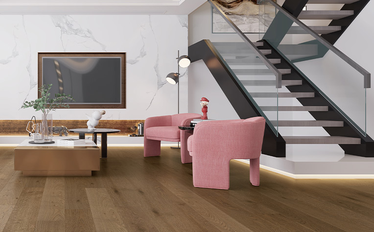 hardwood flooring transitioning to tile look flooring on stairs